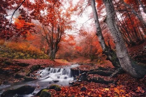 Scenic View Misty Autumn Landscape With Beautiful Waterfall At Mountain