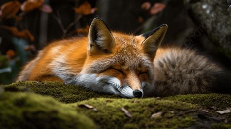 Red Fox Is Sleeping On A Piece Of Moss Background Sleeping Fox Red