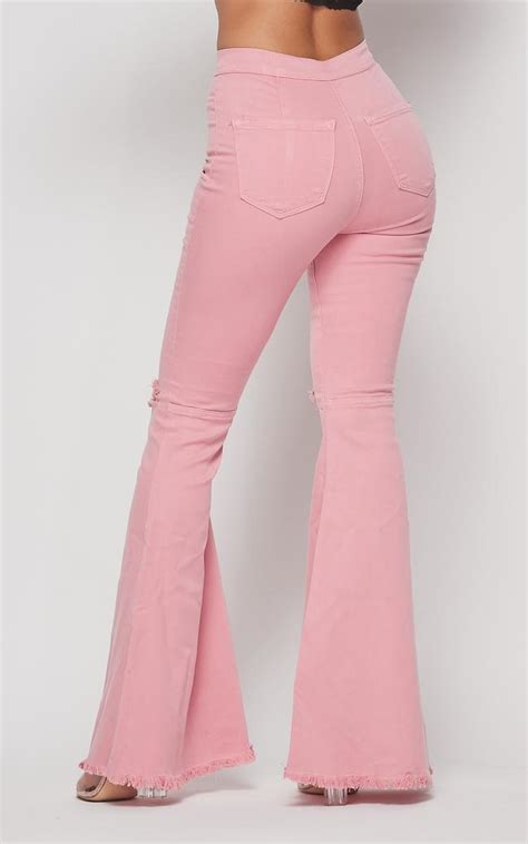 Vibrant Ripped Knee Super Flare Jeans Plus Sizes Available Blush