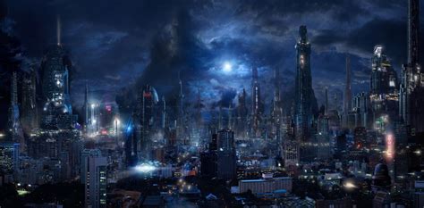 Futuristic City Sci Fi Skyscrapers Night Dark City Flying Vehicles