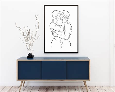 Gay Couple Print Minimal Nude Line Drawing Kissing Gay Etsy Uk