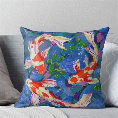 A Colorful Painting Of Koi Fish On A Blue Background Throw Pillow