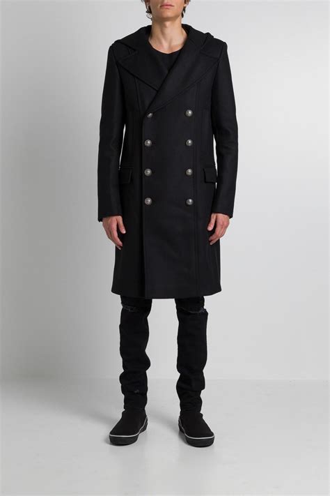 Balmain Wool Double Breasted Coat With Hood In Black For Men Lyst