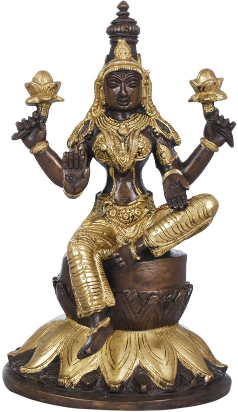 9 chaturbhujadharini devi lakshmi seated on a giant lotus in brass handmade made in india