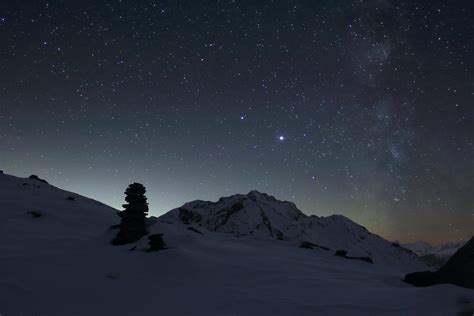 Wallpaper Mountain Night Snow Starry Sky Dark Hd Widescreen