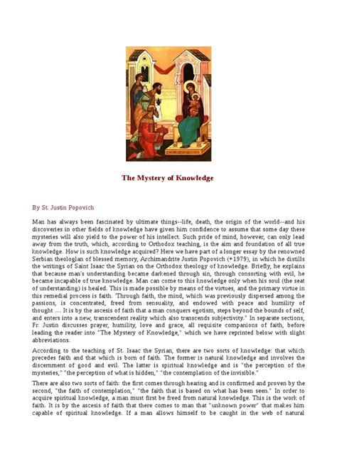 The Mystery Of Knowledge By St Justin Popovich Pdf Humility Faith