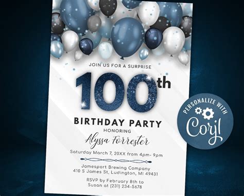 Balloons 100th Birthday Invitation Adult One Hundred Etsy