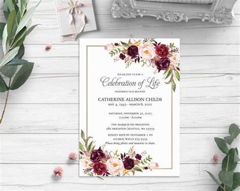 Funeral Card Funeral Invitation Printable Celebration Of Life