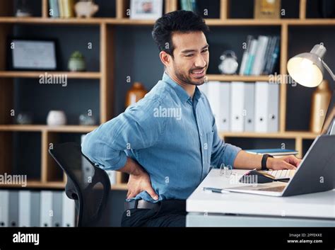 Back Pain Man And Stress At Office Desk Of Muscle Injury Health Risk