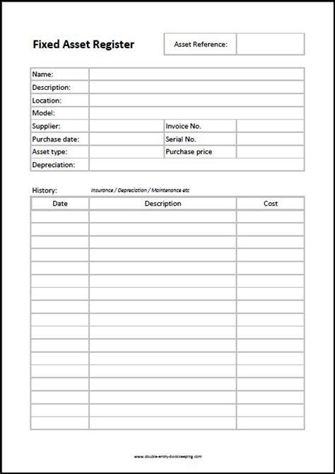 Fixed Asset Register Template Double Entry Bookkeeping