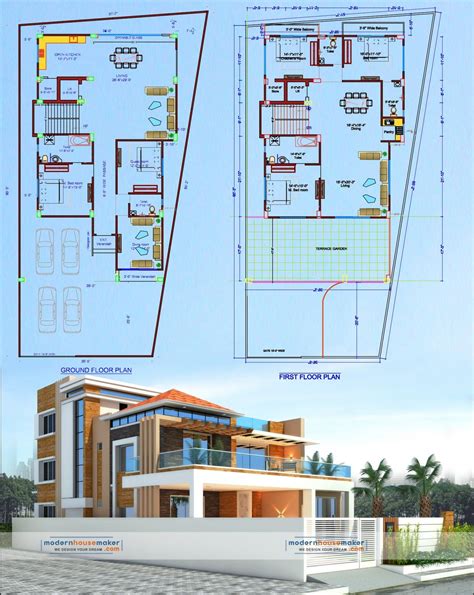 Two Story House Plan With Floor Plans And Elevation Details In