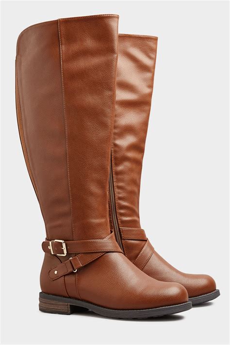 brown faux leather buckle knee high boots in wide e fit and extra wide eee fit yours clothing