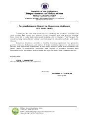 Homeroom Guidance Acoomplishment Report S Y 2021 2022 Docx Republic
