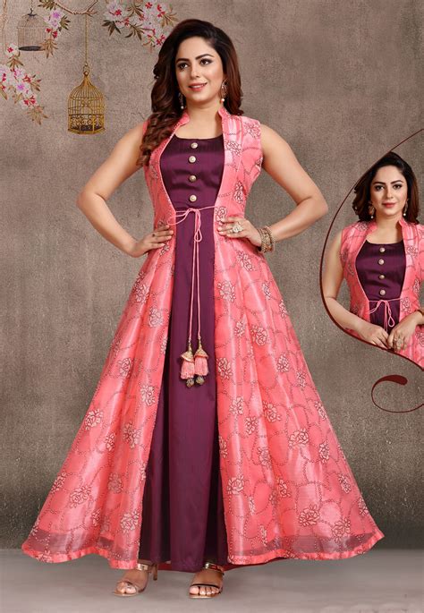 Buy Pink Organza Readymade Jacket Style Anarkali Suit 175371 Online At