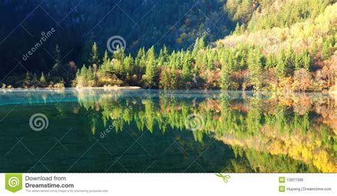 Autumn Tree And Lake Panorama In Jiuzhaigou Stock Photo Image Of