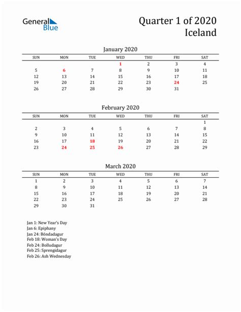 Q1 2020 Quarterly Calendar With Iceland Holidays Pdf Excel Word