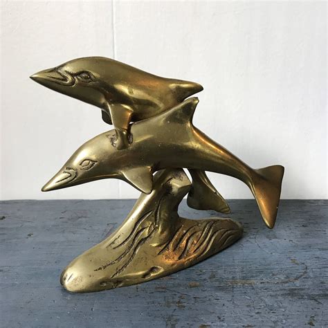 Vintage Brass Sculpture Double Dolphin Metal Statue Gold Etsy