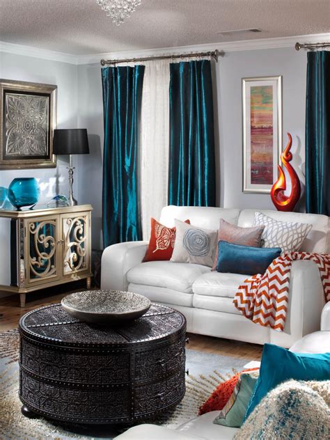 gray living room  blue accents hgtv