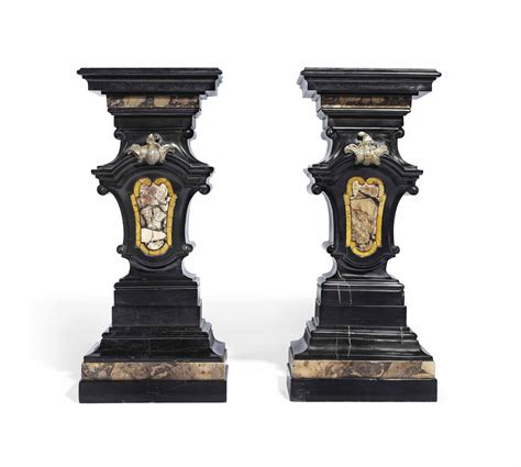 A Pair Of Black Marble And Coloured Marble Pedestals South Italian