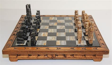 Vintage Marble Chess Board With Hand Carved Black And White Onyx Chess
