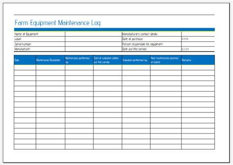 farm equipment maintenance sheet  ms excel excel templates