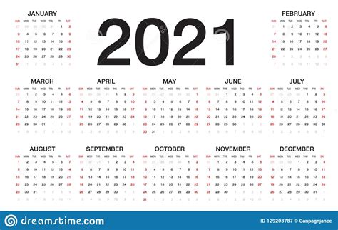 Calendario 2021 Comienzo De La Semana De Domingo Plantilla Del