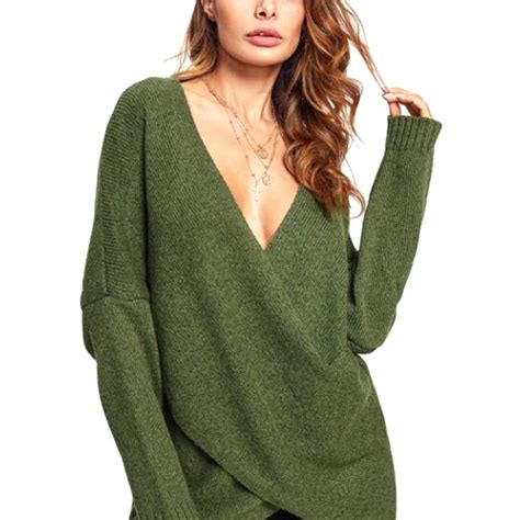 Womens Deep V Neck Knit Sweater Long Batwing Sleeve Cross Front Wrap Pullover Tops Asymmetric
