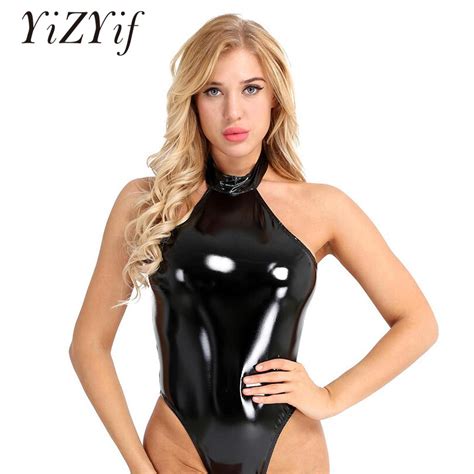 Yizyif Women Lingerie Bodysuit Sexy One Piece Wetlook Patent Leather Catsuit Halter Backless