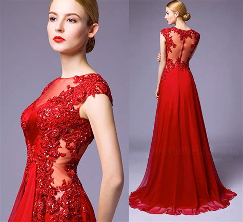 Red Prom Dress Illusion Prom Dress Chiffon Prom Dresslace Prom Dress