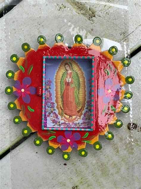 Virgen De Guadalupe Virgin Mary Mexican Metal Nicho Hand Painted 6x6x0