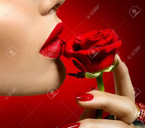 Beautiful Model Woman Kissing Red Rose Flower Sexy Red Lips Stock