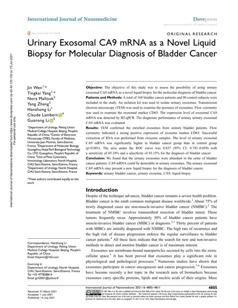 Pdf Urinary Exosomal Ca Mrna As A Novel Liquid Biopsy For Molecular