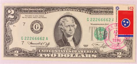 Series 1976 Us Two Dollar Note 2 First Day Issue With Stamp Property