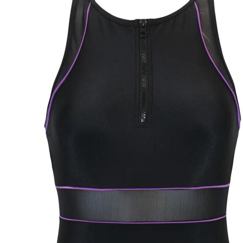 energy chlorine resistant high neck zip front swimsuit in black purple pour moi