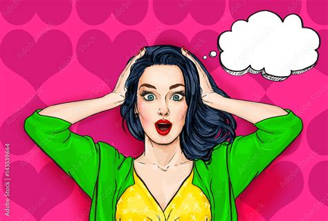 Pop Art Illustration Surprised Girlcomic Woman Shocked Woman On Pink