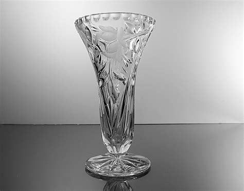 Crystal Footed Vase Cut Glass Vase Frosted Roses And Leaves Etsy