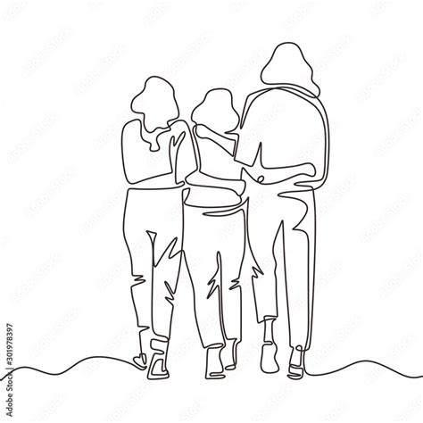 Continuous One Line Drawing Of Three Girls Walking Young Sisters Group