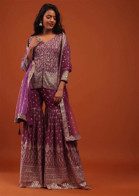 Buy Orchid Purple Embroidered Sharara Suit In Georgette