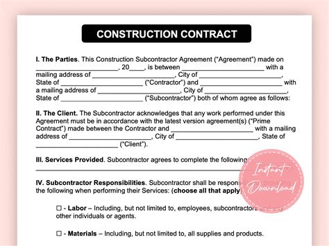 Construction Contract Contract Template Construction Agreement Handyman