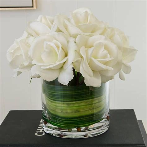 Medium White Real Touch Rose Arrangement With Cylinder Glass Vase