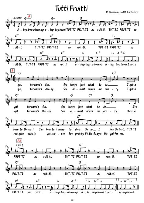 Tutti Frutti Lead Sheet With Lyrics Sheet Music For Piano Solo