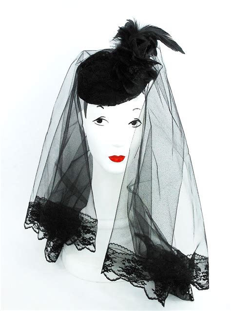 Black Funeral Hat With Lace Veil Black Silk Flower And Black Feathers