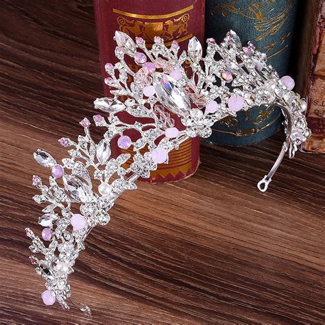 Baroque Silver Gold Handmade Pink Beaded Crown Luxury Crystal Rhinestone Crowns Tiaras Wedding