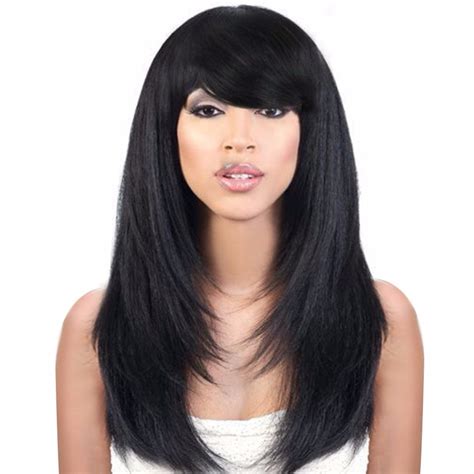 Deyngs Yaki Straight Synthetic Bob Cut Wigs With Bangs Black Wig For