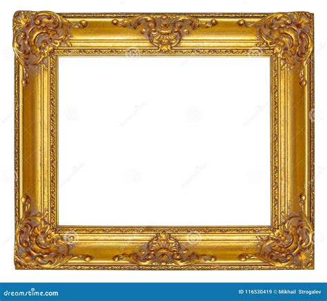 Gold Wooden Picture Frame With Carved Floral Ornament Isolated Stock
