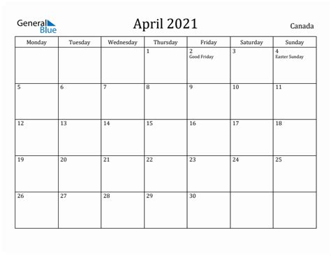 April 2021 Canada Monthly Calendar With Holidays