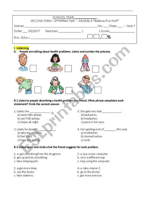 Test Health Problems 7th Grade Esl Worksheet By Mmsilva