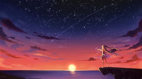 1052502 Sunset Sea Night Long Hair Anime Anime Girls Sky Stars