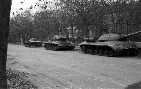 Soviet Is 3 T 34 85 And Pt 76 Tanks Parked In Budapest During The