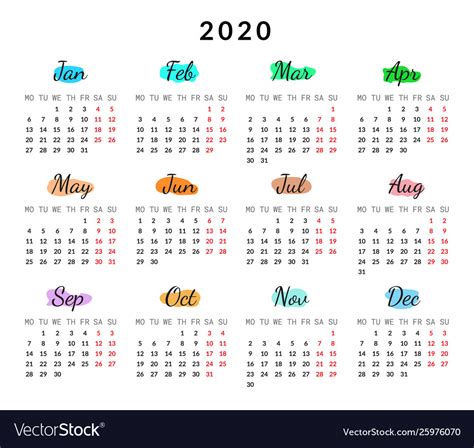 2020 Year Creative Calendar Isolated On White Vector Image